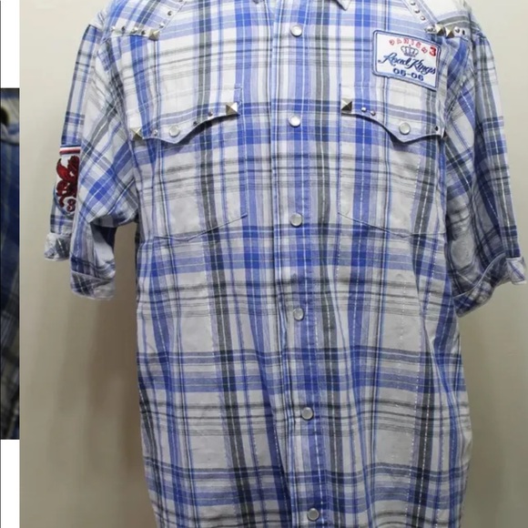 Parish Road Kings Plaid Blue Pearl Snap Metal Studs Embroidered Western Cowboy - Picture 4 of 10